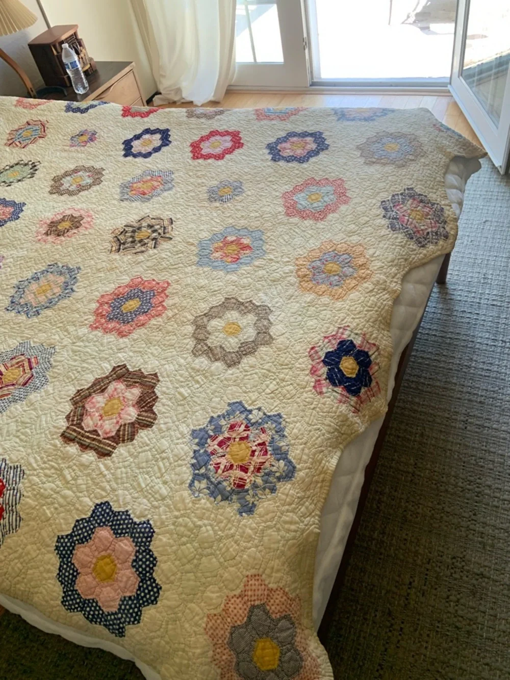 Vintage Handmade Floral Patchwork Quilt - Cream Base with Multi-Color Flowers